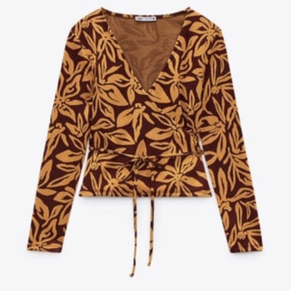 Zara Brown Orange Mustard Floral Leaf Print Jacquard Wrap Top Size Small
